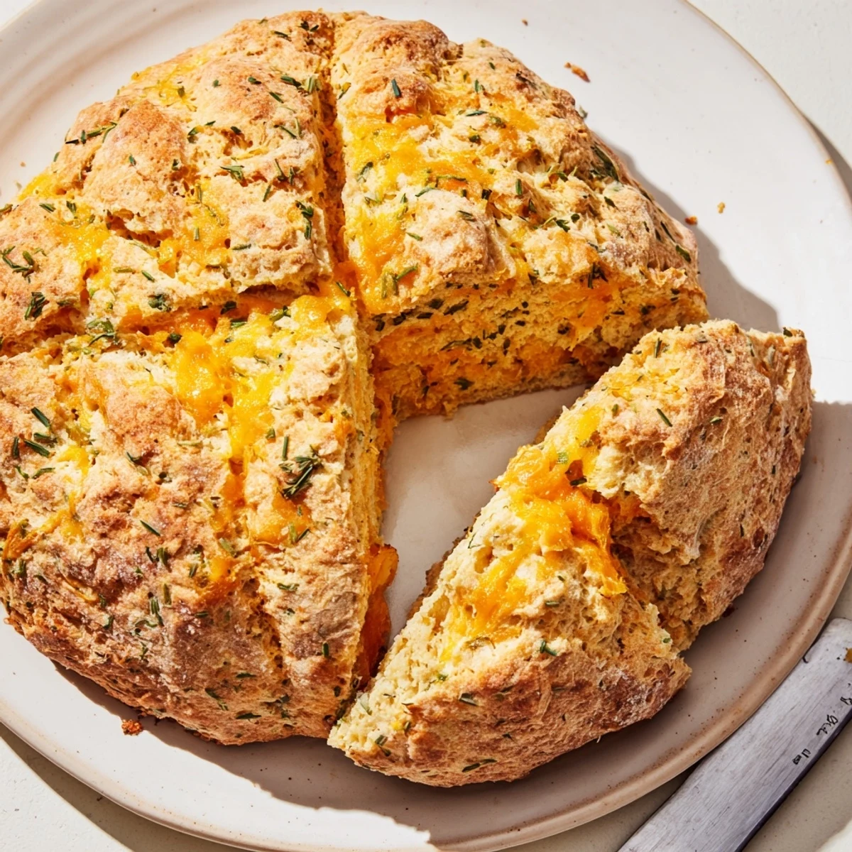 Warm cheddar and herb soda bread served on a wooden board with butter spread