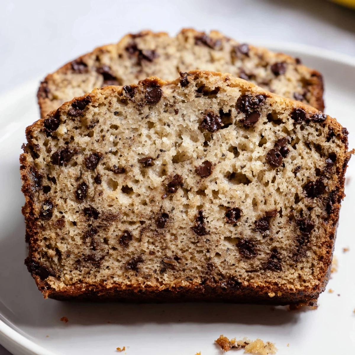 Moist slice of homemade chocolate chip banana bread served on a white plate