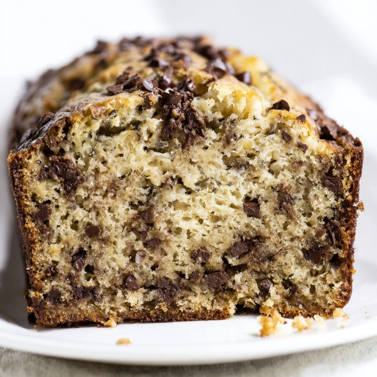 Freshly baked chocolate chip banana bread cooling on a wire rack with parchment