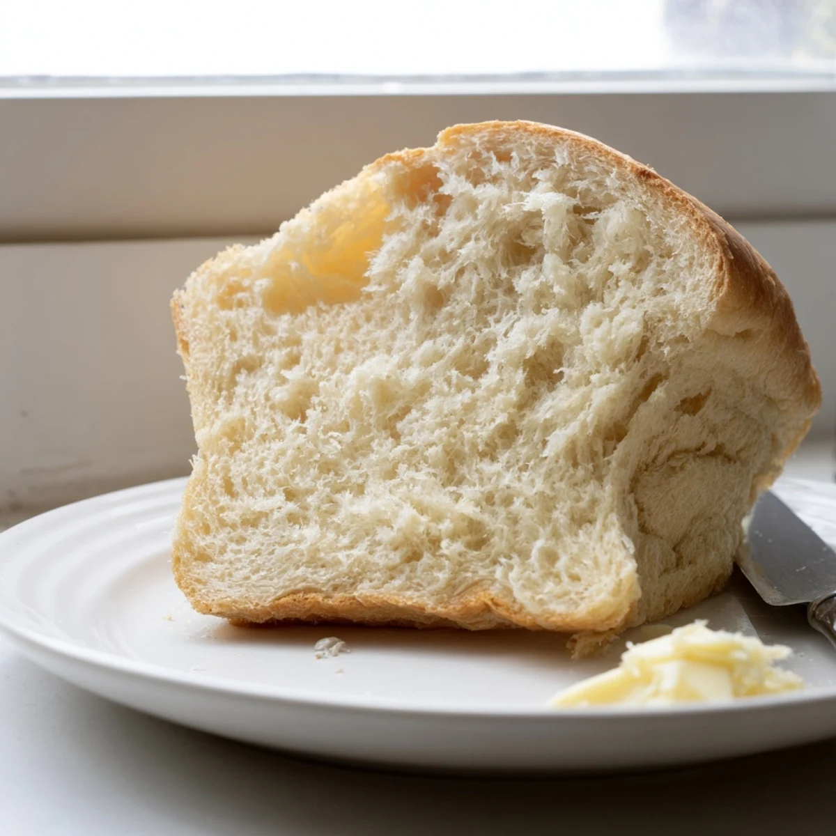 Golden brown homemade Amish white bread loaves fresh from the oven with butter-brushed crusts