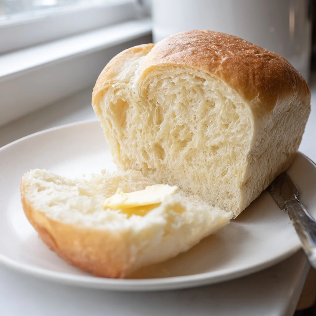 Two fluffy loaves of Amish white bread cooling on wire rack ready for slicing