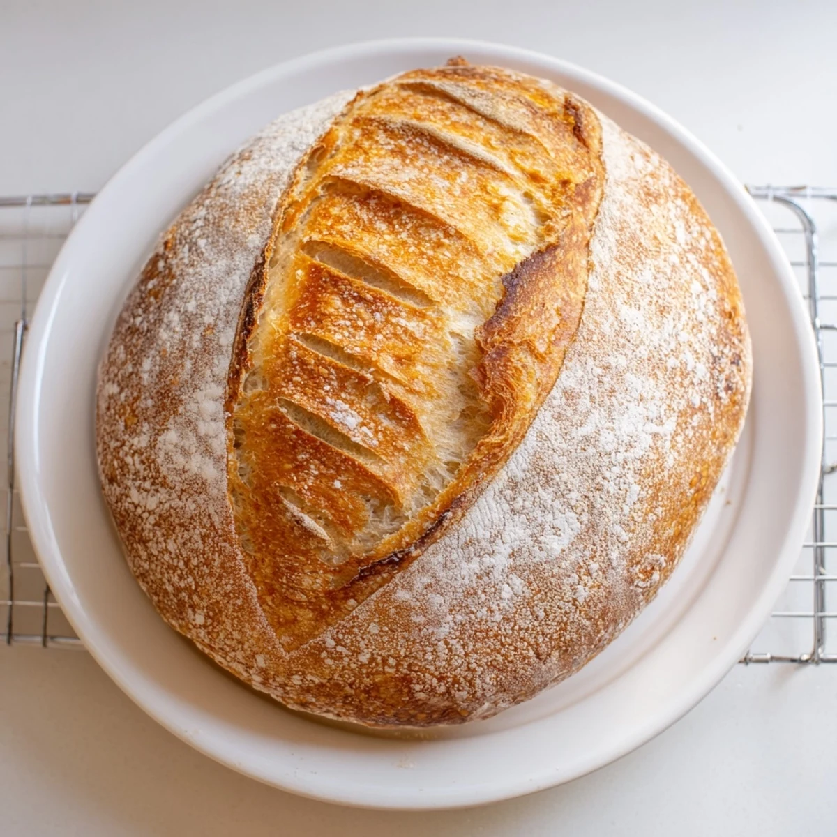 Golden brown sourdough bread loaf with crispy crust and airy chewy crumb texture