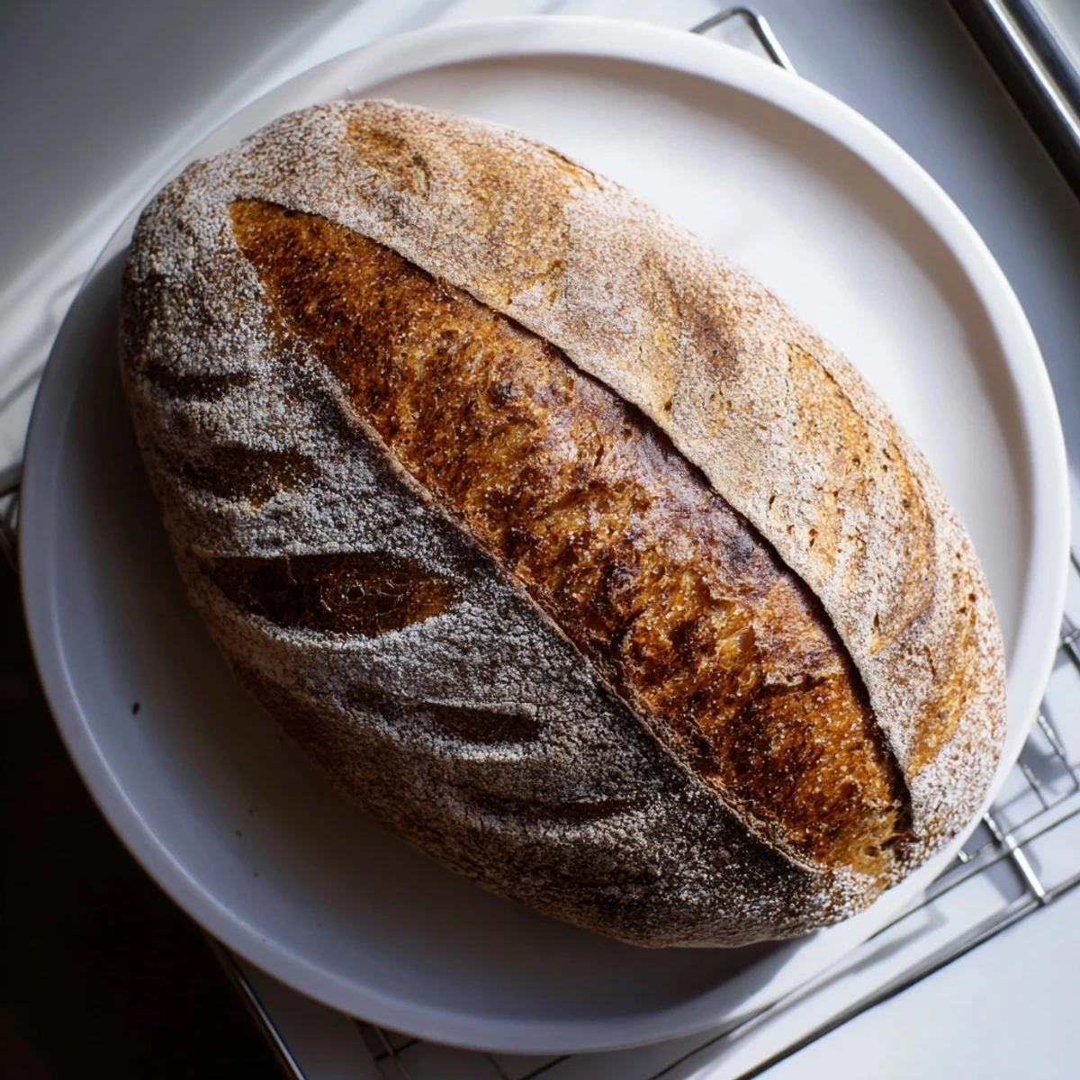 Artisanal sourdough bread cooling on wire rack after baking in Dutch oven