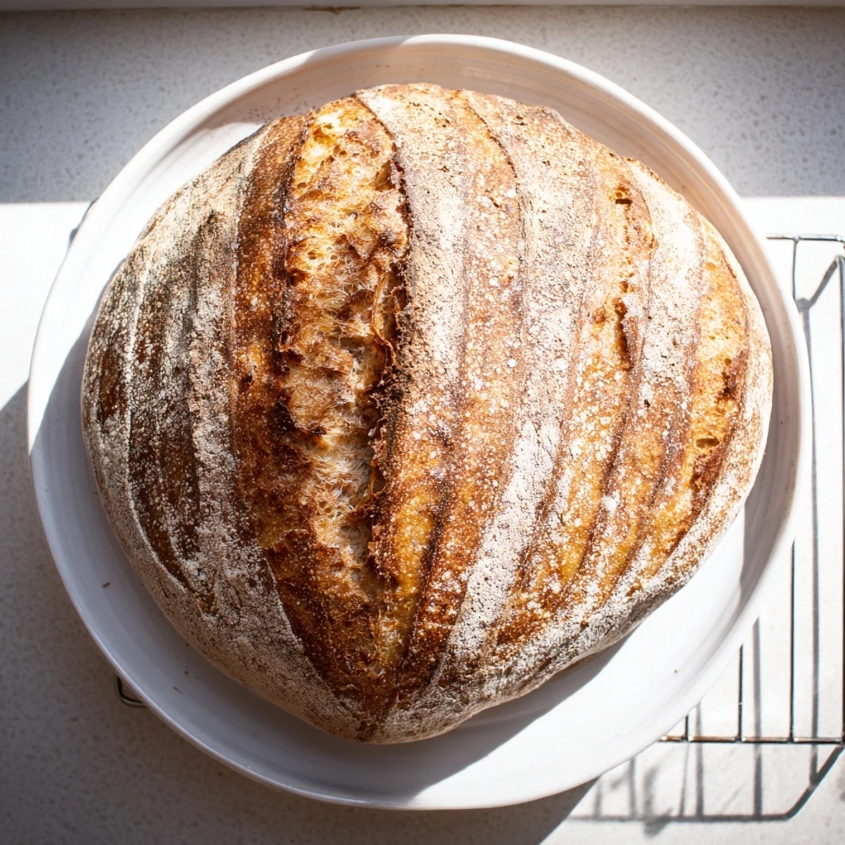 Freshly sliced homemade sourdough bread revealing tangy open crumb perfect for buttering