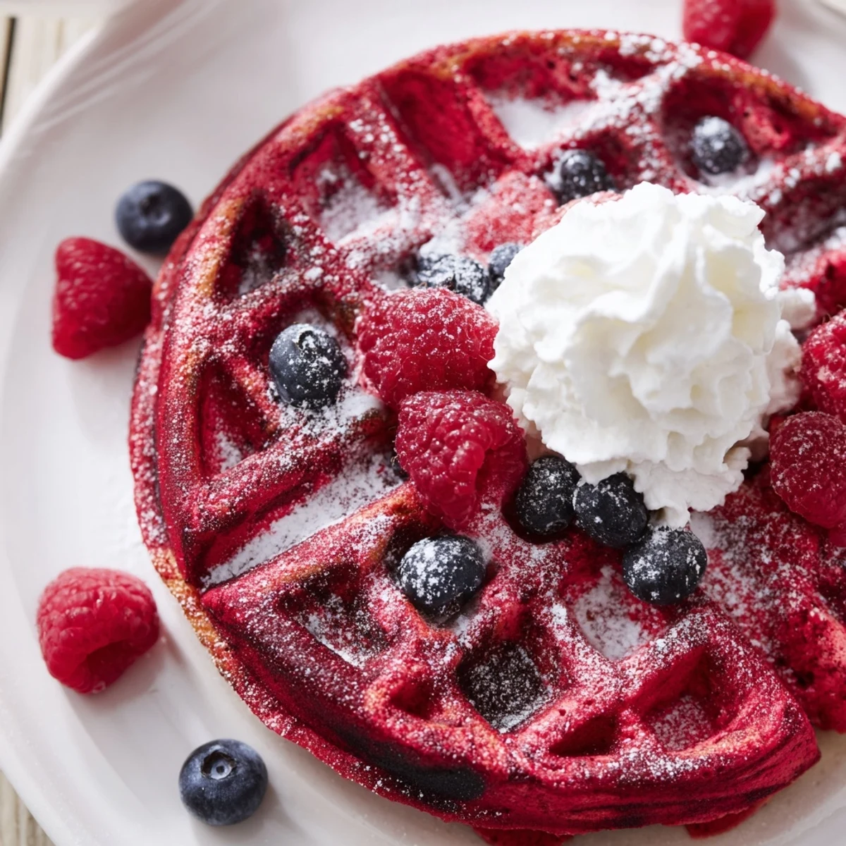 Golden red velvet marble waffles swirled with vanilla and topped with sweet maple syrup