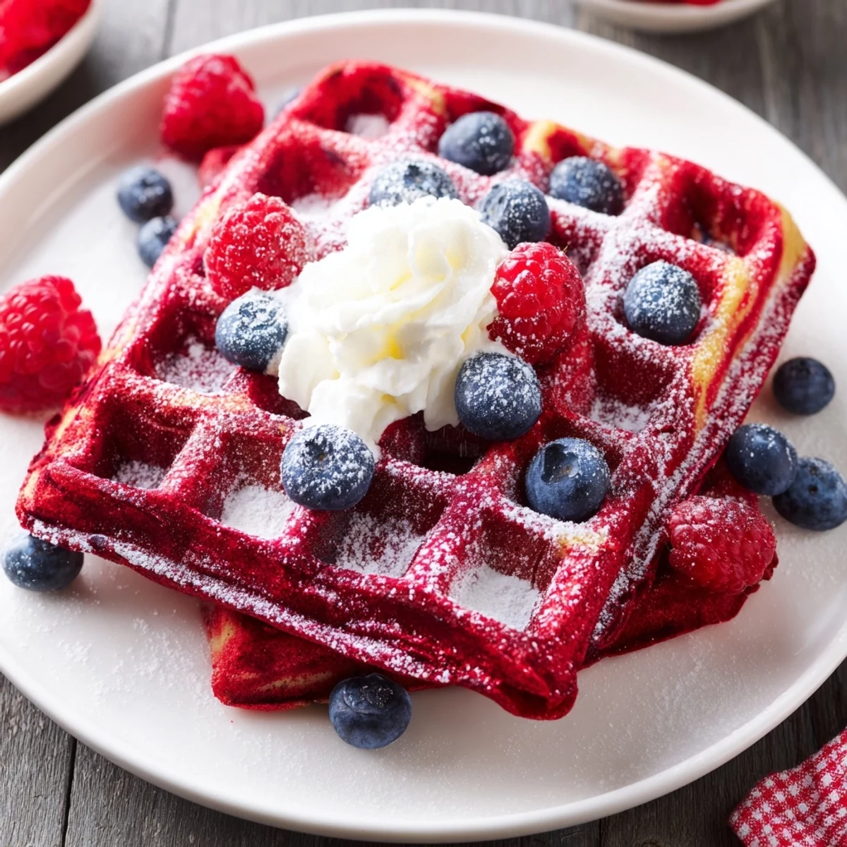 Decadent red velvet marble waffles drizzled with cream cheese glaze and fresh berries for brunch