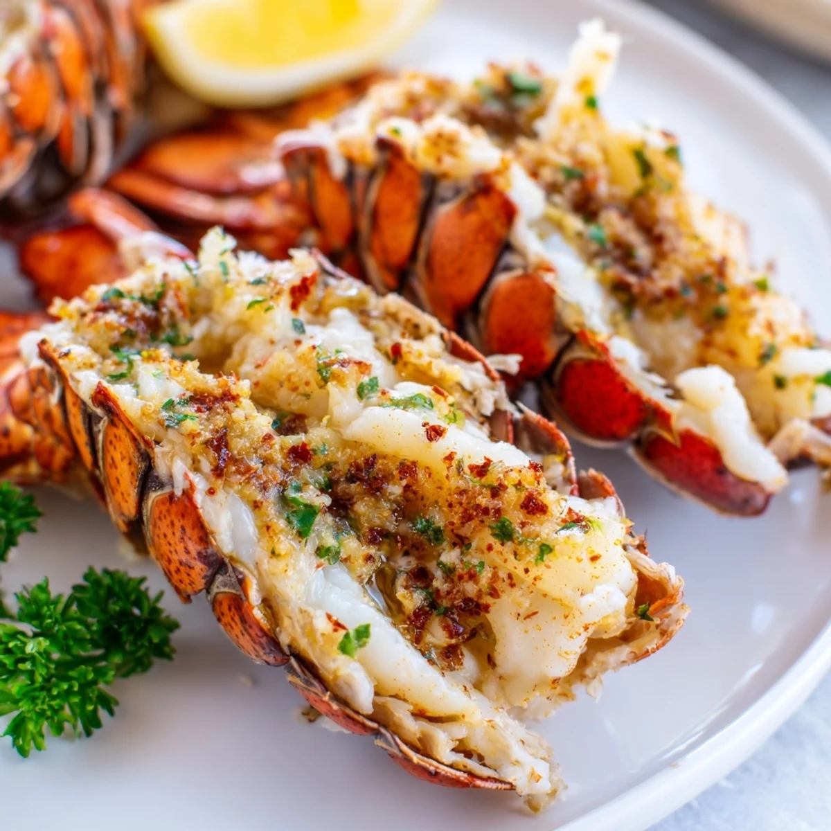 Golden baked garlic butter lobster tails glazed with rich buttery sauce and fresh parsley