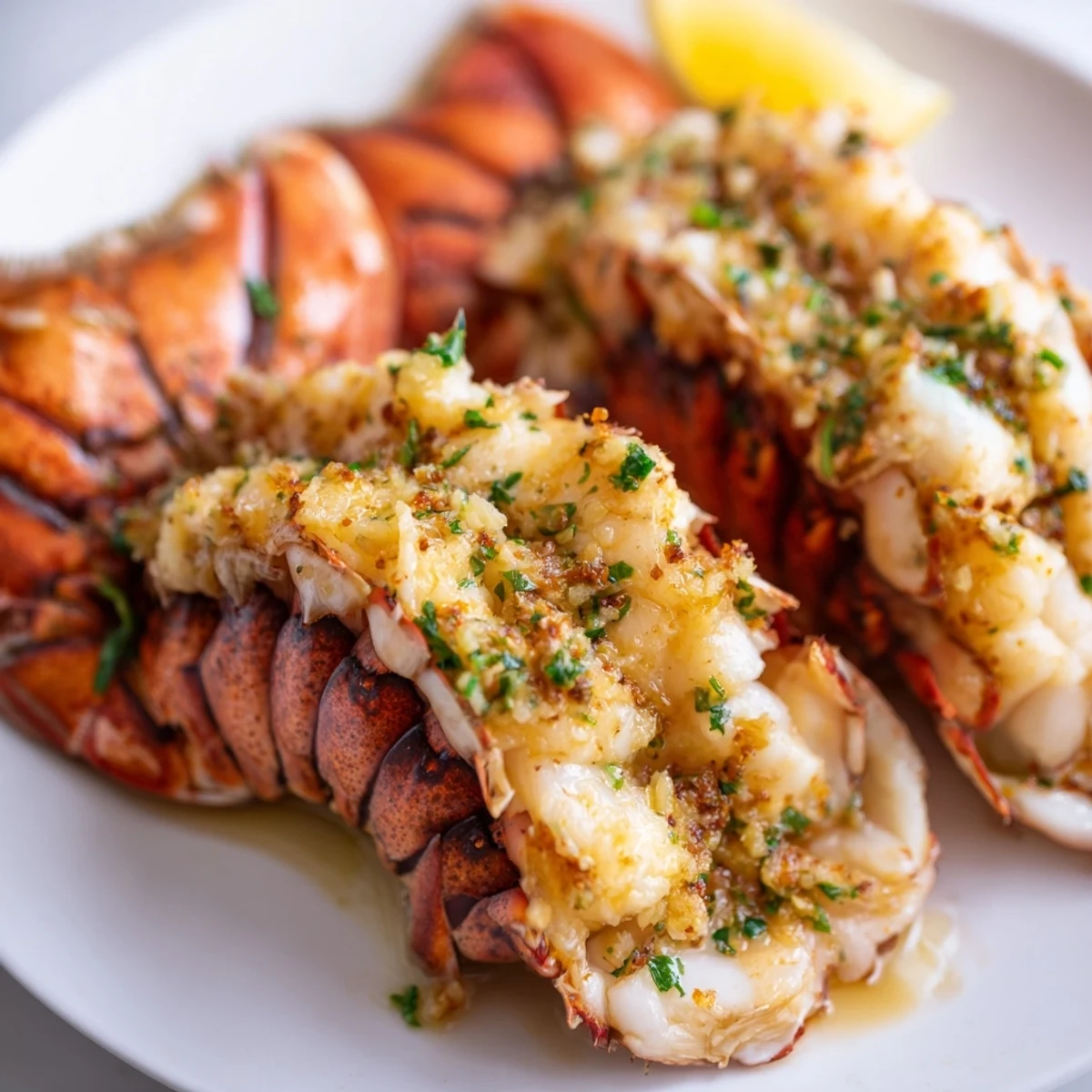 Whole lobster tails brushed with melted garlic butter sauce baked until golden and opaque