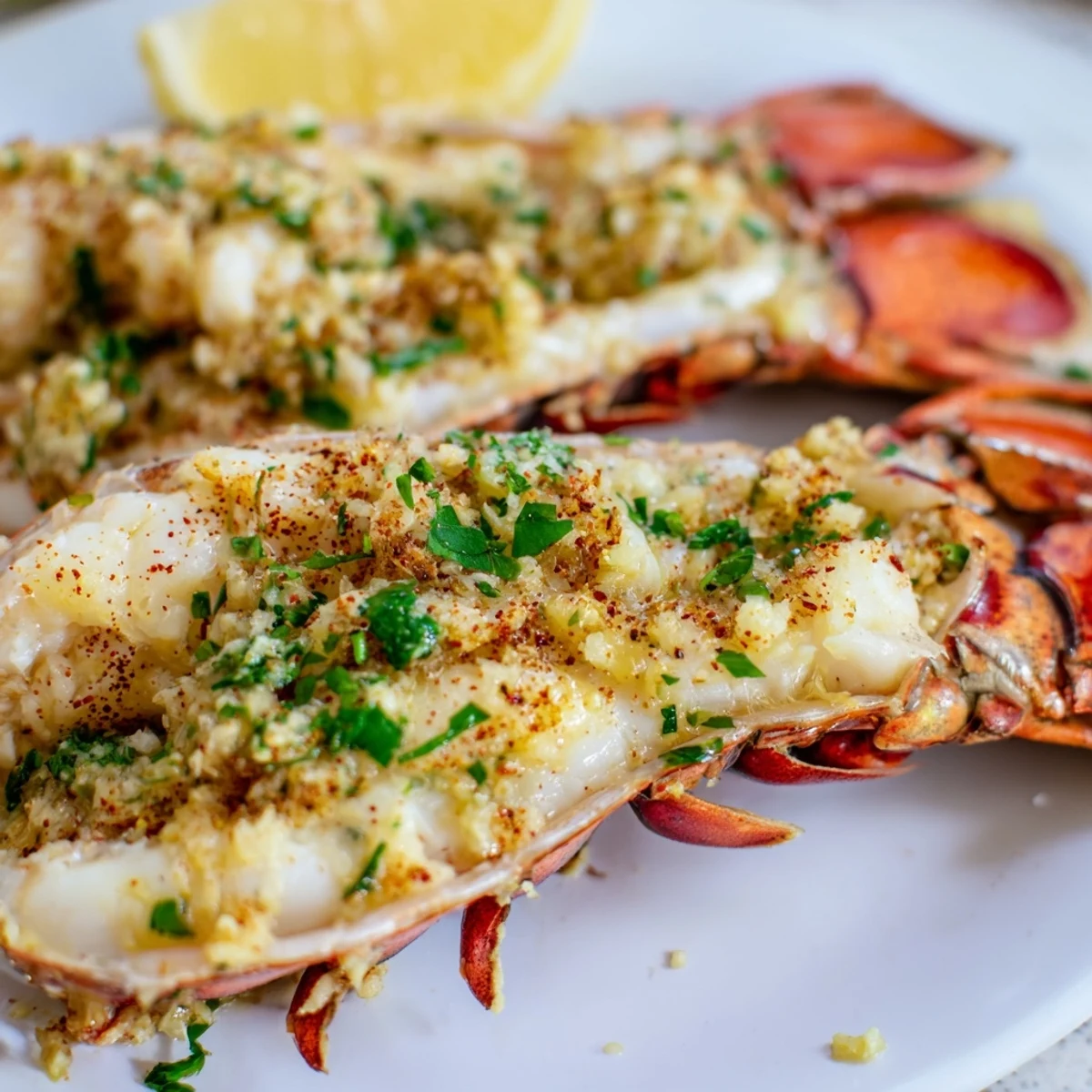 Tender lobster meat sizzling in garlic butter sauce topped with vibrant green parsley garnish