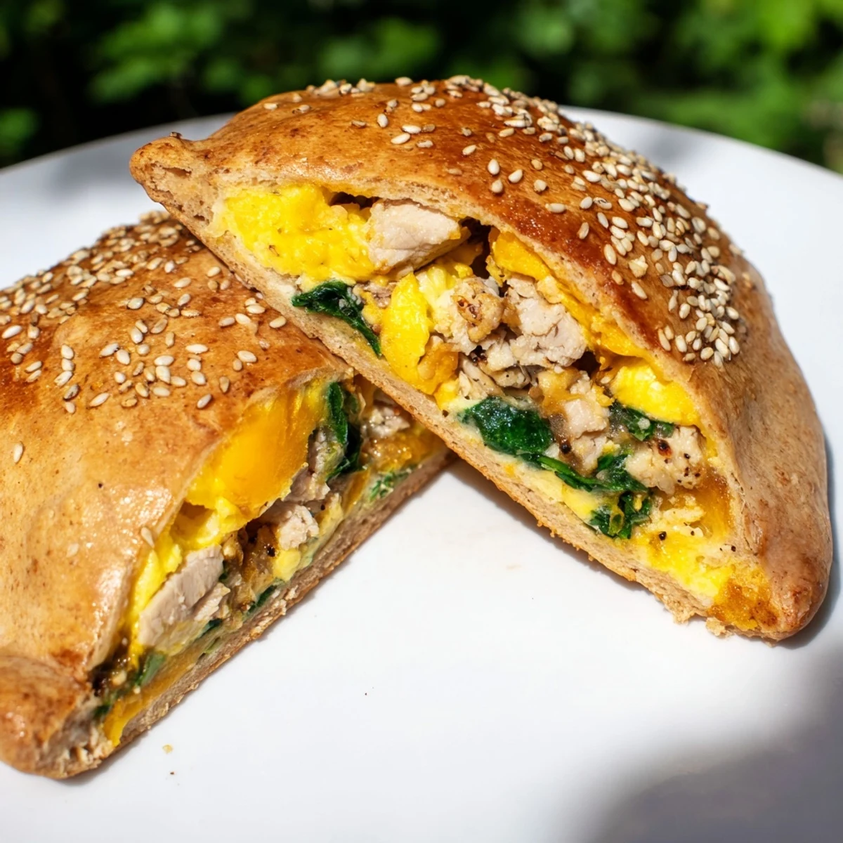 Handheld high protein breakfast hot pockets brushed with egg wash and sesame seeds