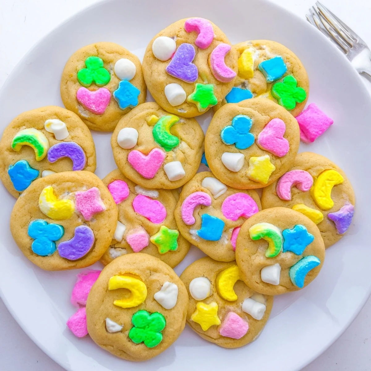 Homemade Lucky Charms cookies featuring speckled marshmallows atop warm, golden-brown cookie dough