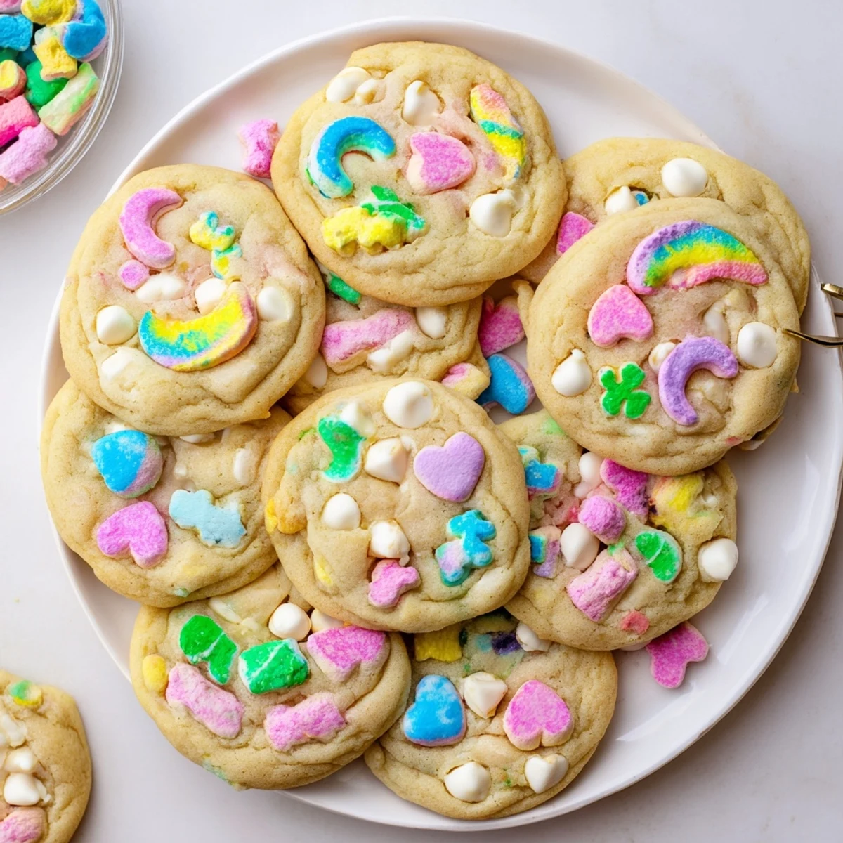 Freshly baked Lucky Charms cookies studded with vibrant rainbow marshmallows on a cooling rack