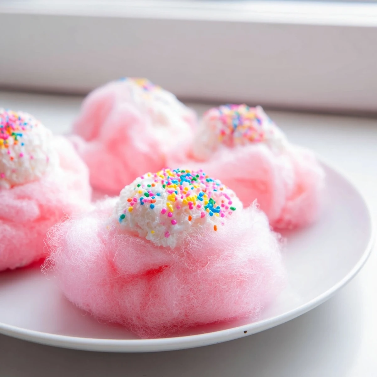 Mini Cotton Candy Cheesecake Puff Balls with fluffy pink spun sugar coating and creamy centers on a white plate