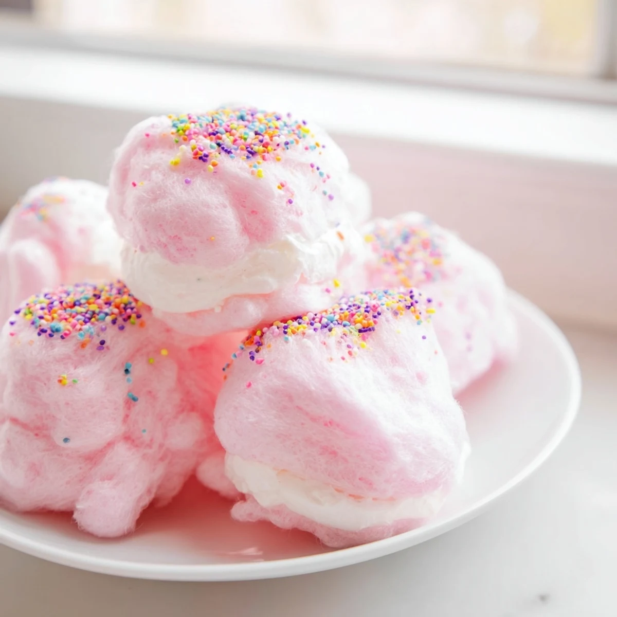 Bite-sized Mini Cotton Candy Cheesecake Puff Balls dusted with colorful sprinkles for a whimsical party dessert display