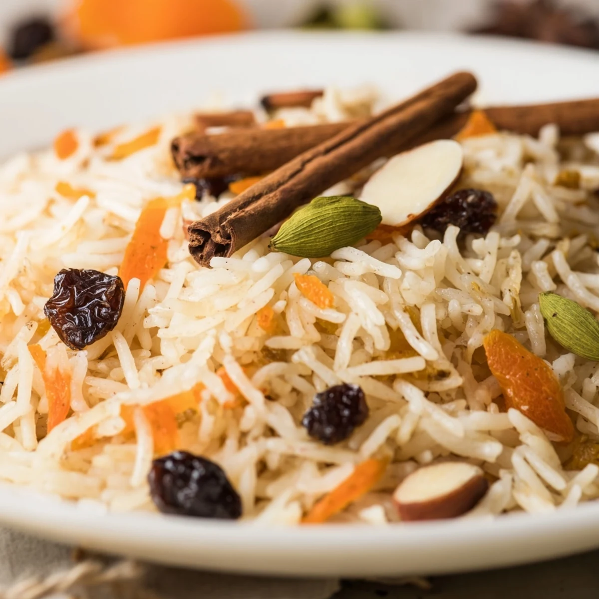 Golden Afghan rice topped with caramelized carrots, plump raisins, and toasted almonds in a colorful presentation