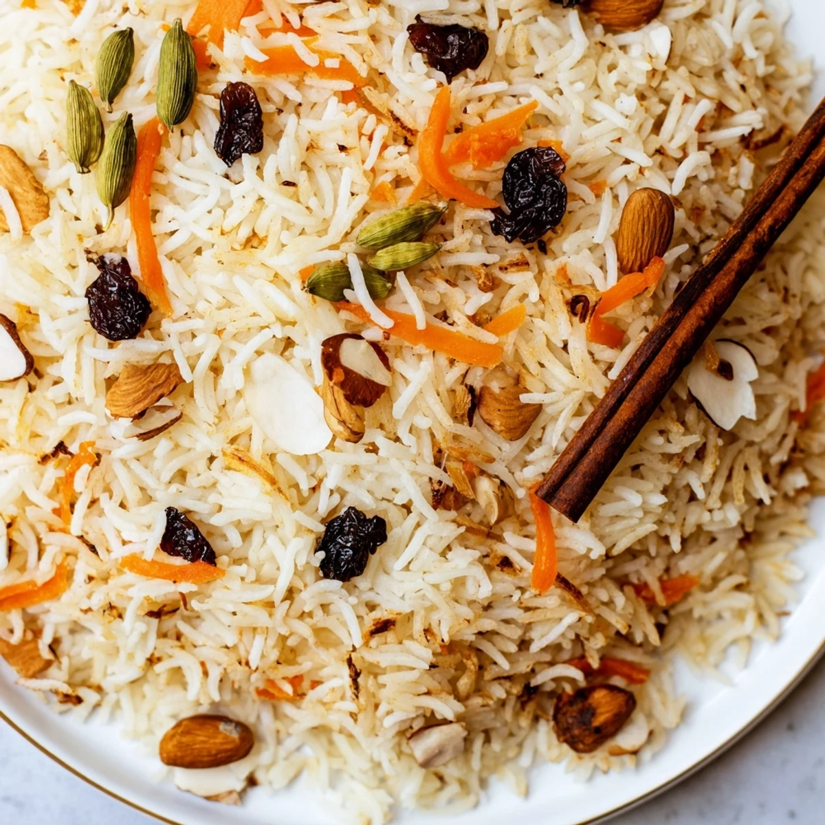 Fragrant Afghan rice steamed with warming spices and garnished with fresh cilantro on a white serving platter