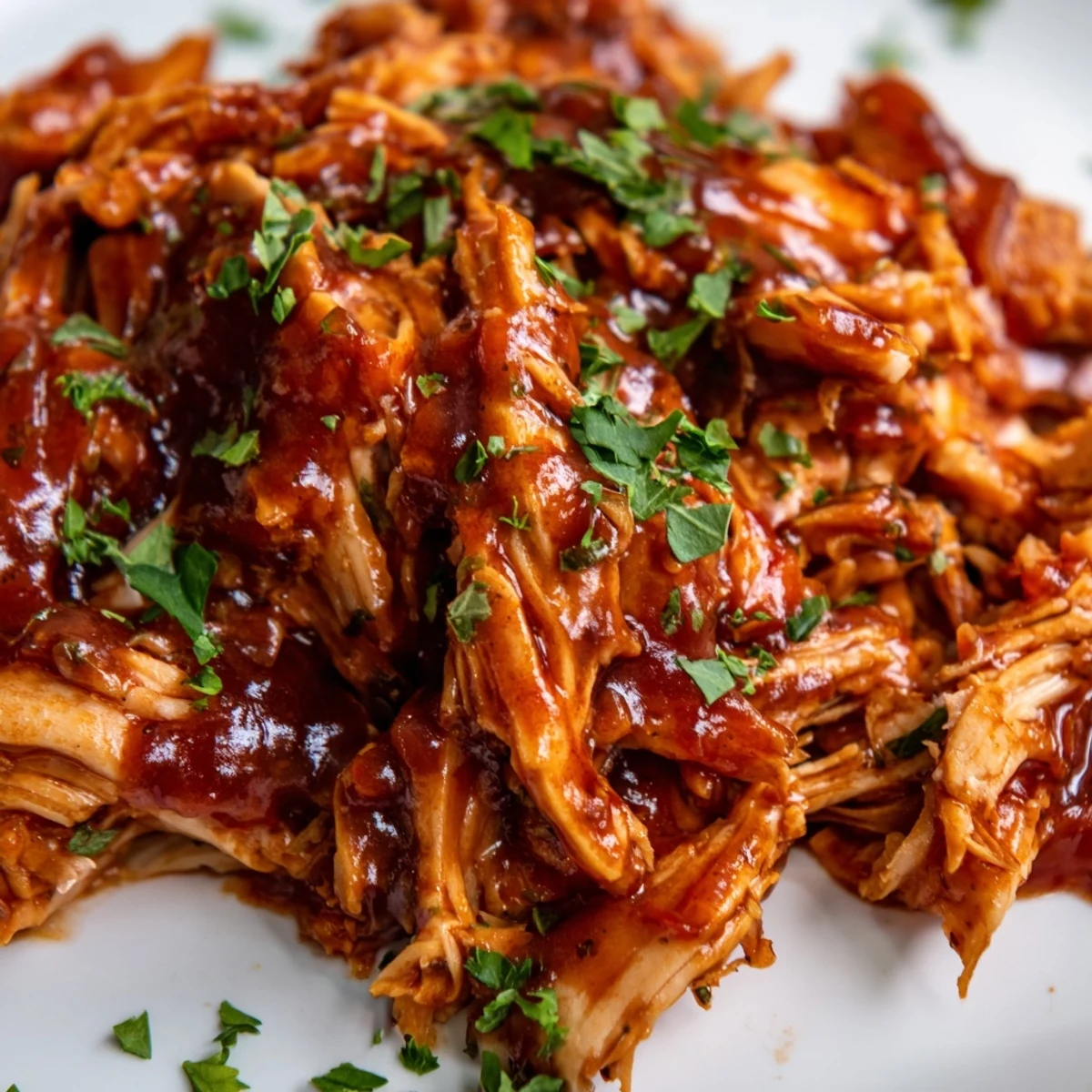 Tender Sweet Baby Ray's Crockpot Chicken glistening with rich barbecue sauce on a white plate