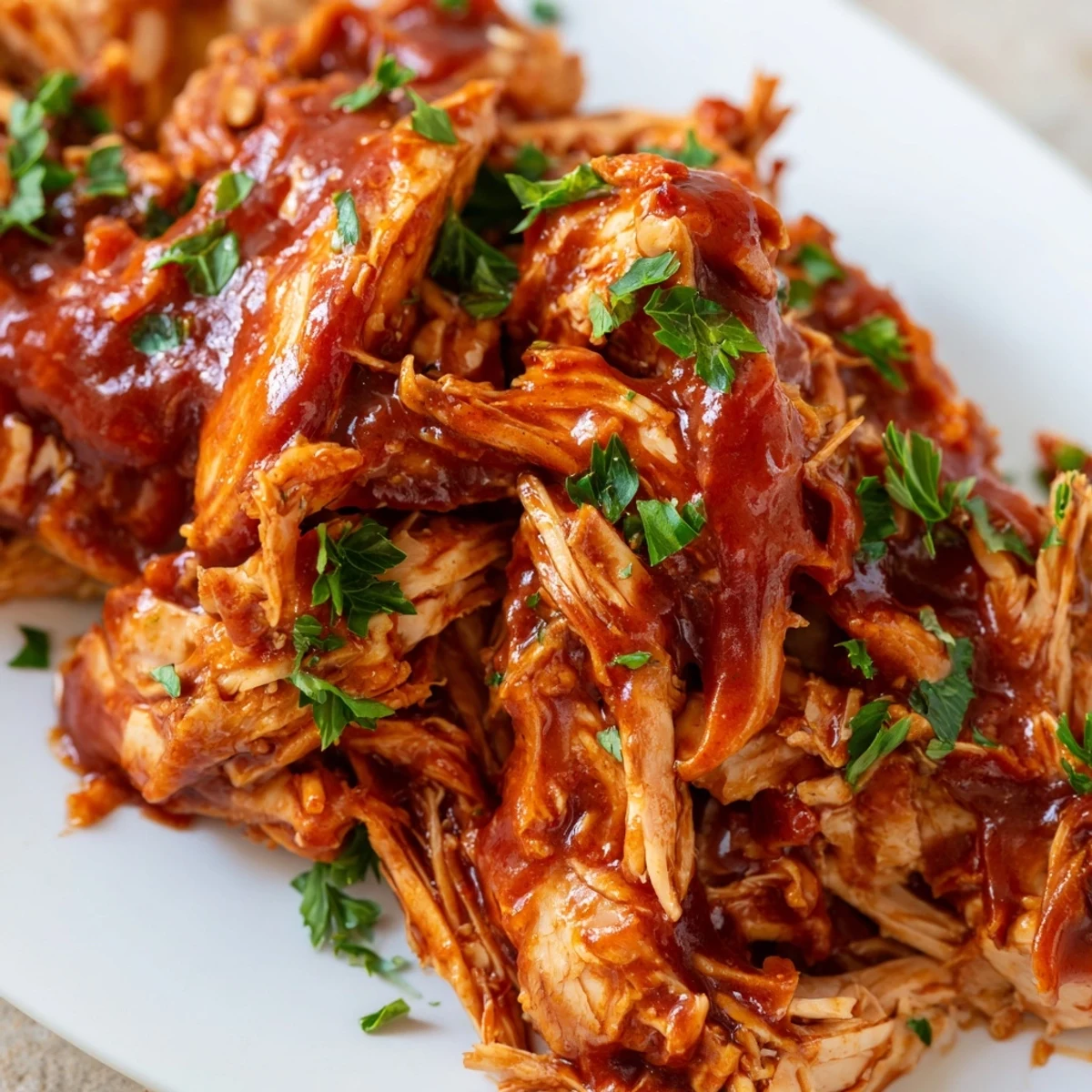 Savory Sweet Baby Ray's Crockpot Chicken shredded and coated in glossy, tangy barbecue sauce