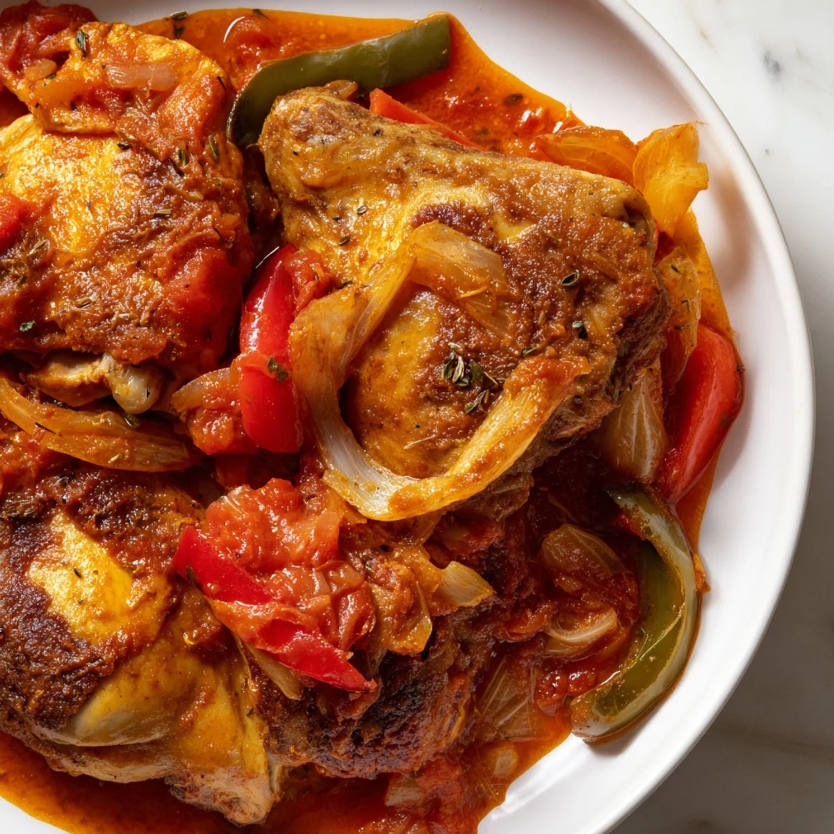 Senegalese chicken simmered in rich tomato sauce with colorful bell peppers