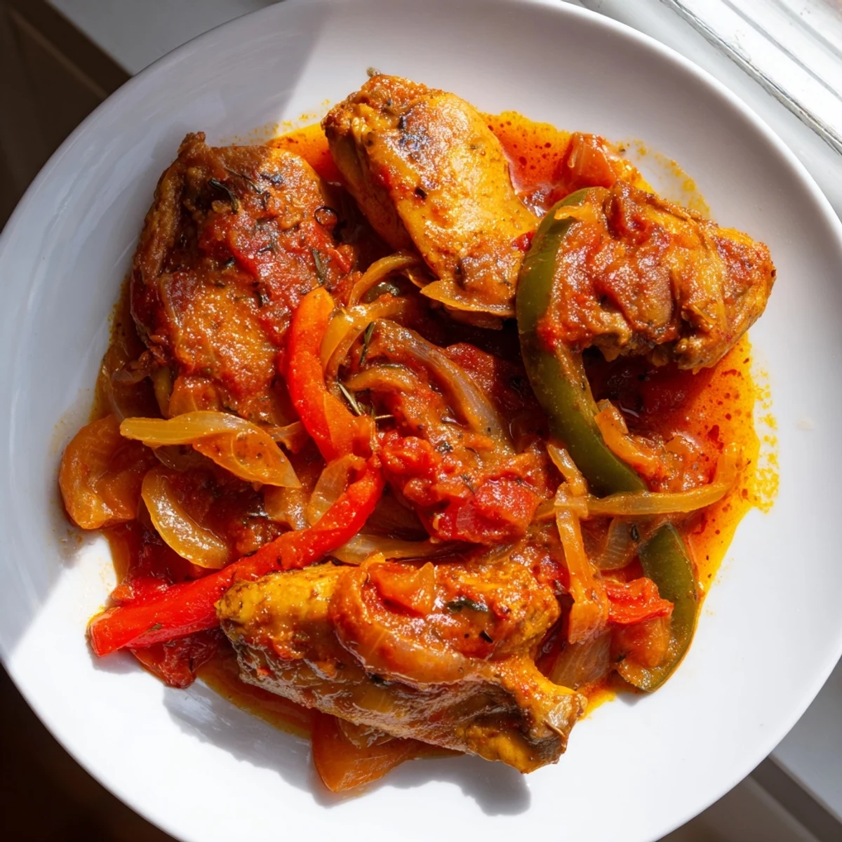 Tender Senegalese chicken in aromatic spiced tomato gravy over fluffy white rice