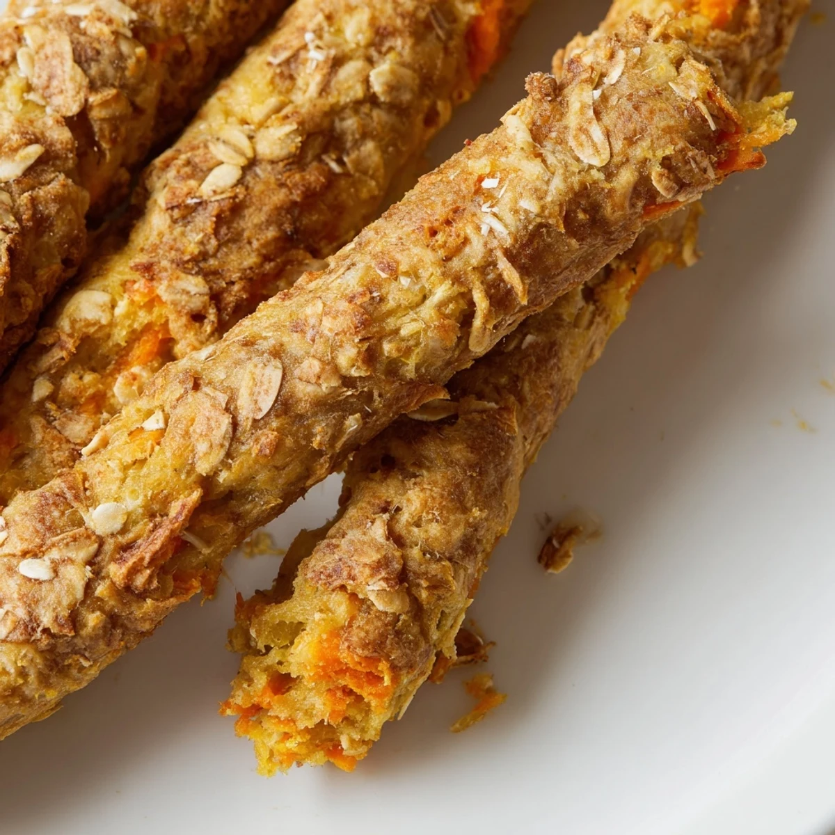 Crunchy baked apple and carrot dog chew sticks with speckled orange and white flecks throughout each treat