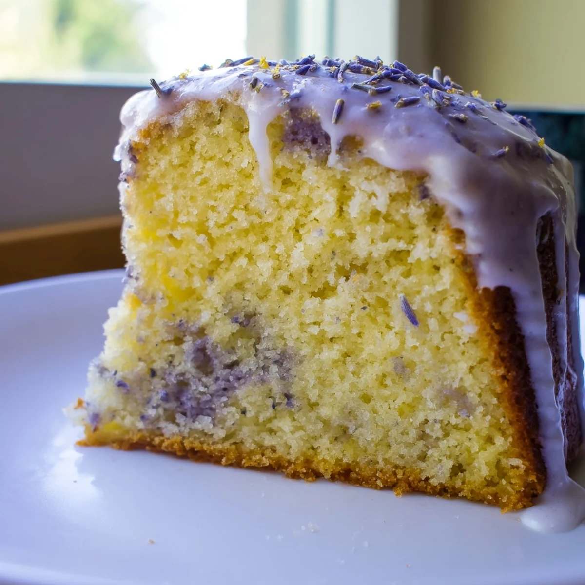 Lavender cake with lemon glaze drizzled over a tender, golden crumb speckled with purple buds