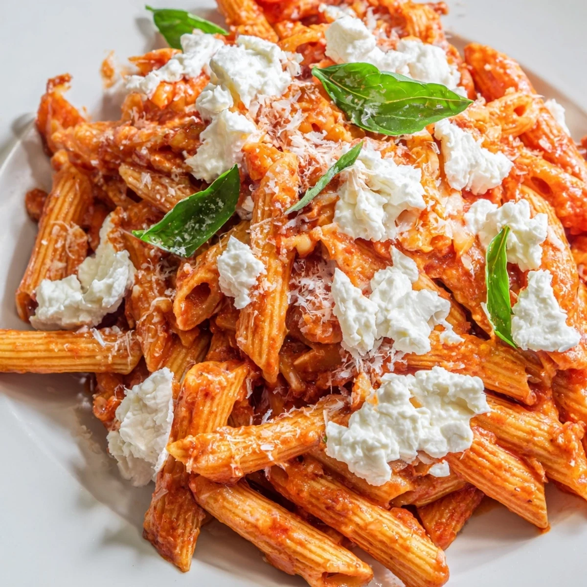 Creamy tomato garlic ricotta penne topped with fresh basil and Parmesan cheese