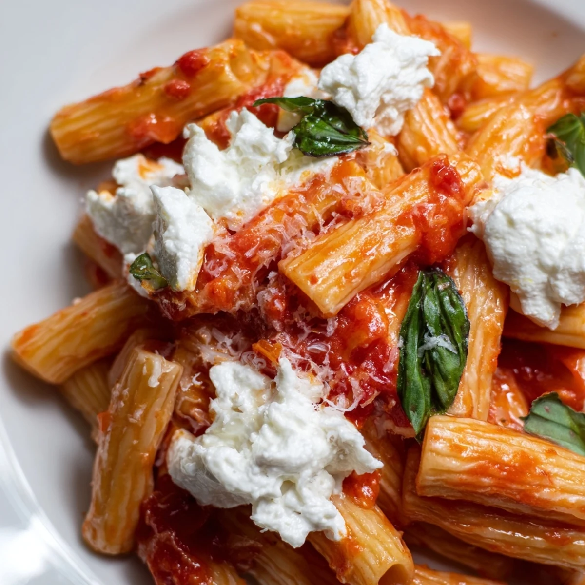 Bowl of tomato garlic ricotta penne with vibrant red sauce and green basil