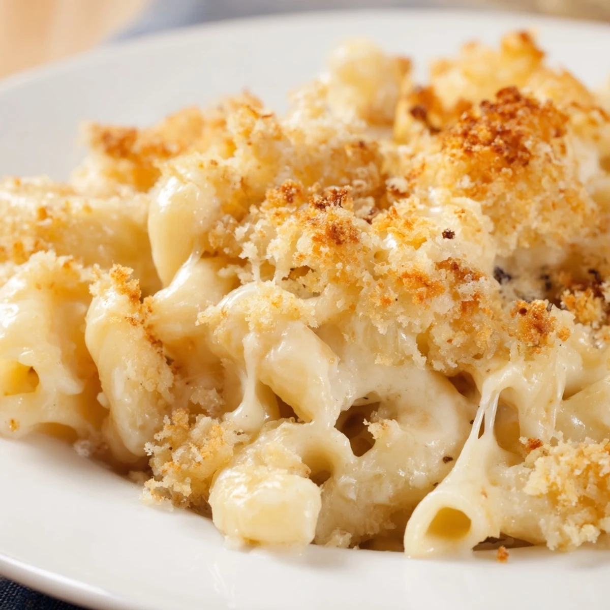 Golden three cheese baked macaroni with crispy panko topping served steaming from casserole dish
