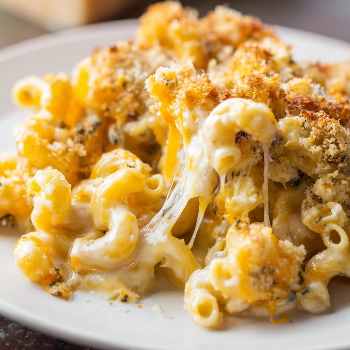 Creamy three cheese baked macaroni bubbling under buttery breadcrumb crust on white dinner plate