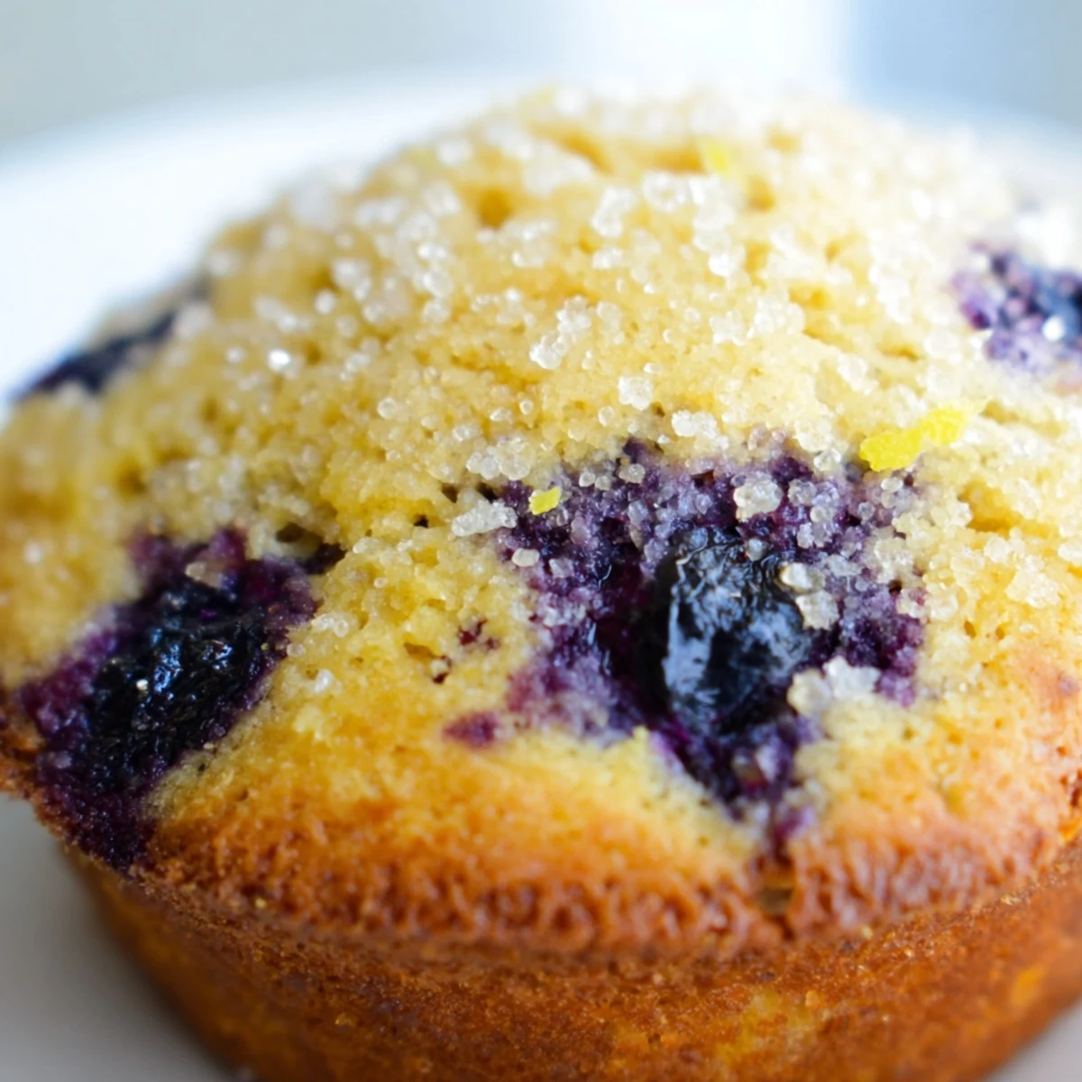 Moist lemon blueberry muffins bursting with fresh berries and topped with crunchy sugar
