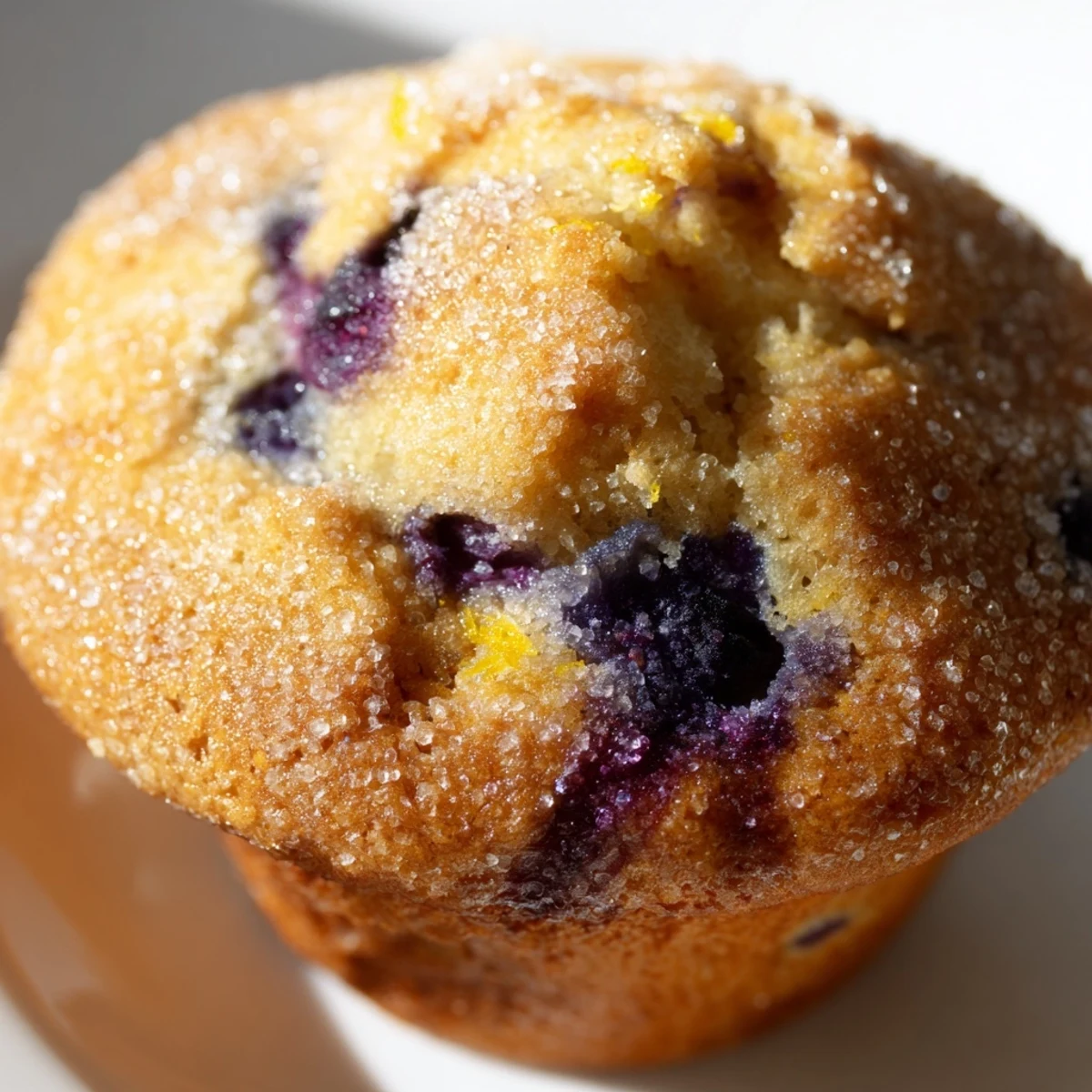 Bakery-style lemon blueberry muffins with zesty glaze served warm on a white plate