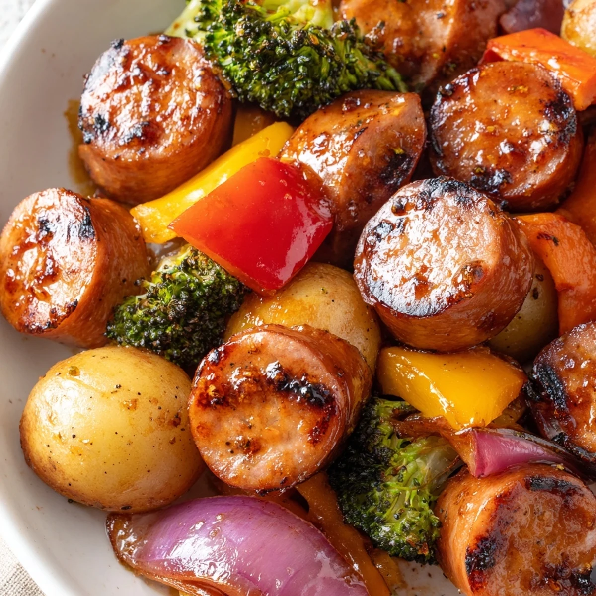 Honey garlic kielbasa vegetables roasted on a sheet pan with caramelized broccoli and potatoes