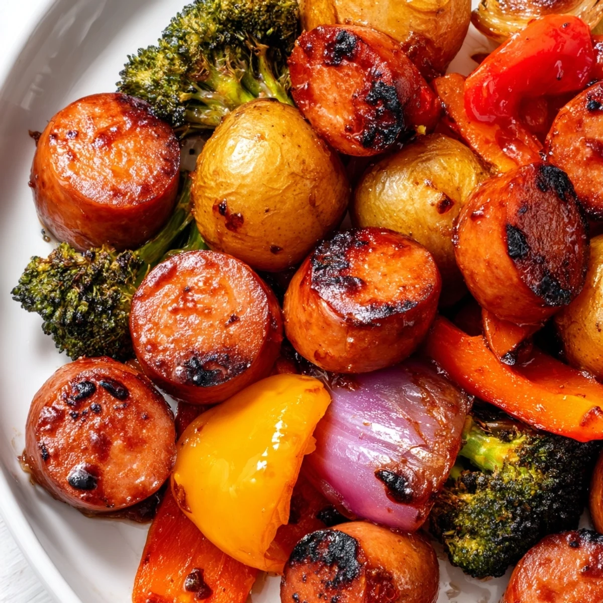 One pan honey garlic kielbasa with colorful bell peppers and tender glazed vegetables