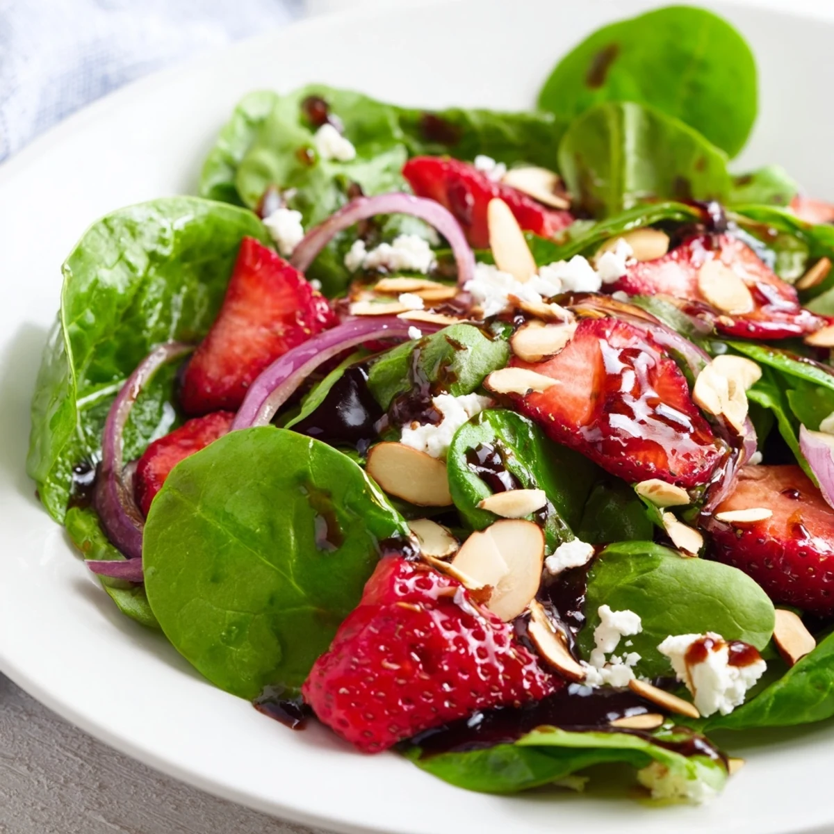 Fresh strawberry spinach salad topped with crumbled feta and toasted almonds in bowl