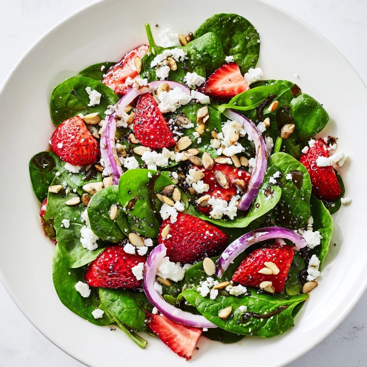 Bright strawberry spinach salad with sliced red onion and creamy balsamic poppy seed dressing