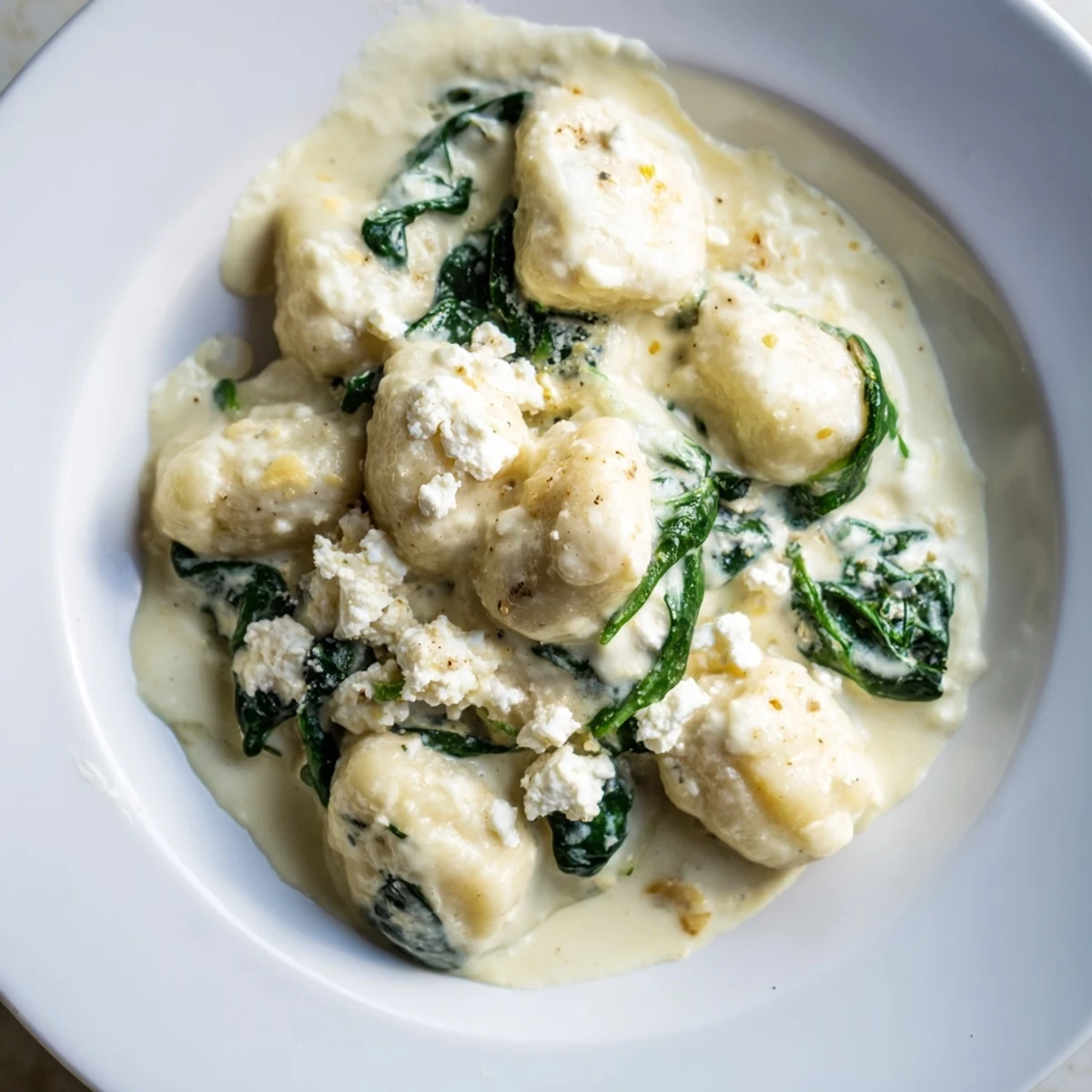 Creamy gnocchi with spinach and feta topped with crumbled cheese in white sauce