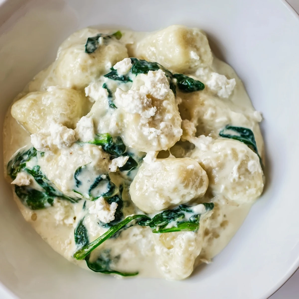Tender potato gnocchi with spinach and feta glistening in rich cream sauce