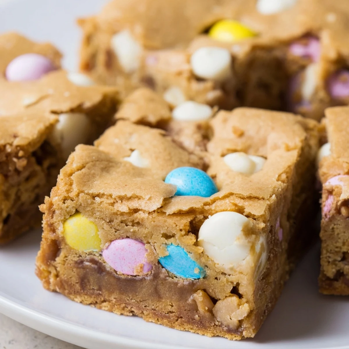 Chewy Mini Cadbury Easter Egg Blondies studded with colorful candy-coated chocolates and white chocolate chips