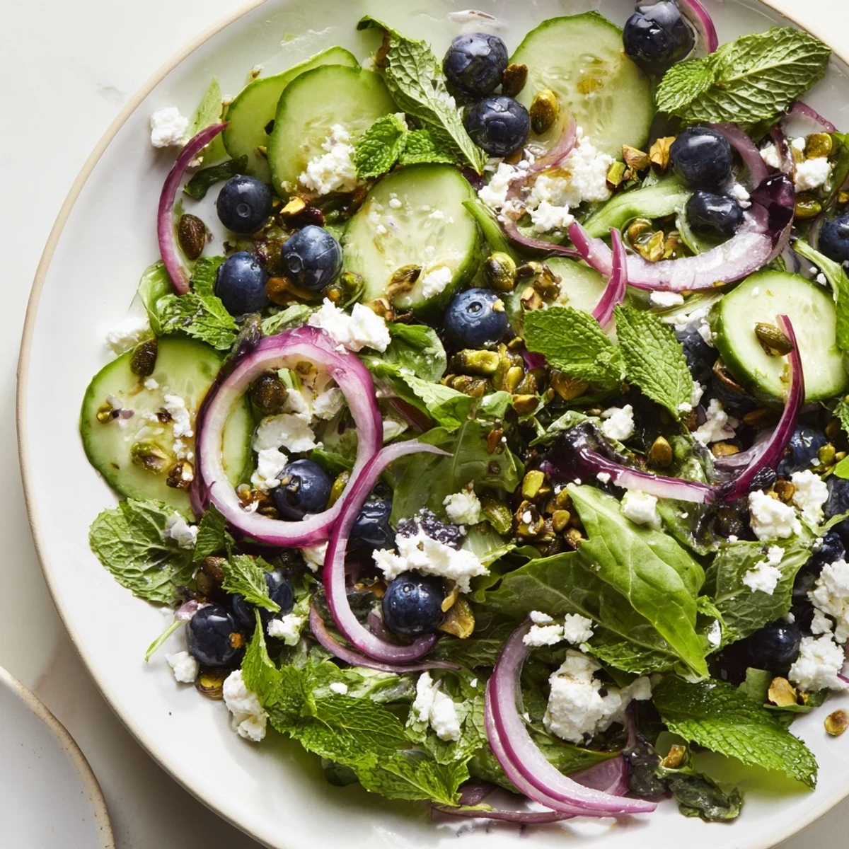 Blueberry Pistachio Spring Salad drizzled with tangy lemon honey vinaigrette in a wooden bowl