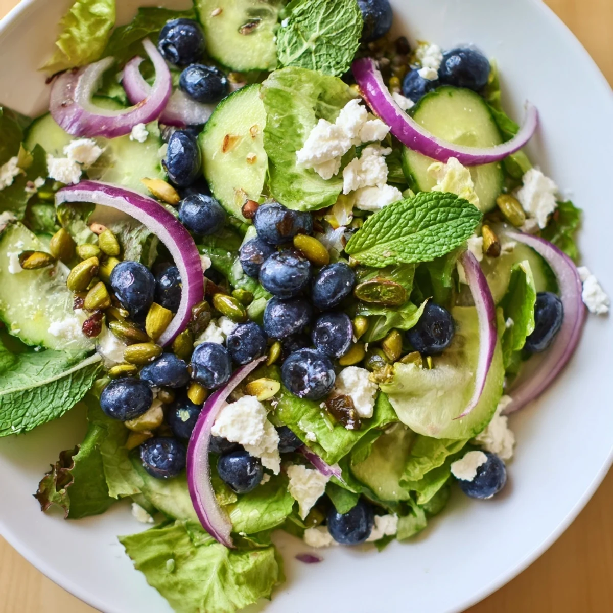 A vibrant Blueberry Pistachio Spring Salad topped with crumbled feta and fresh mint leaves