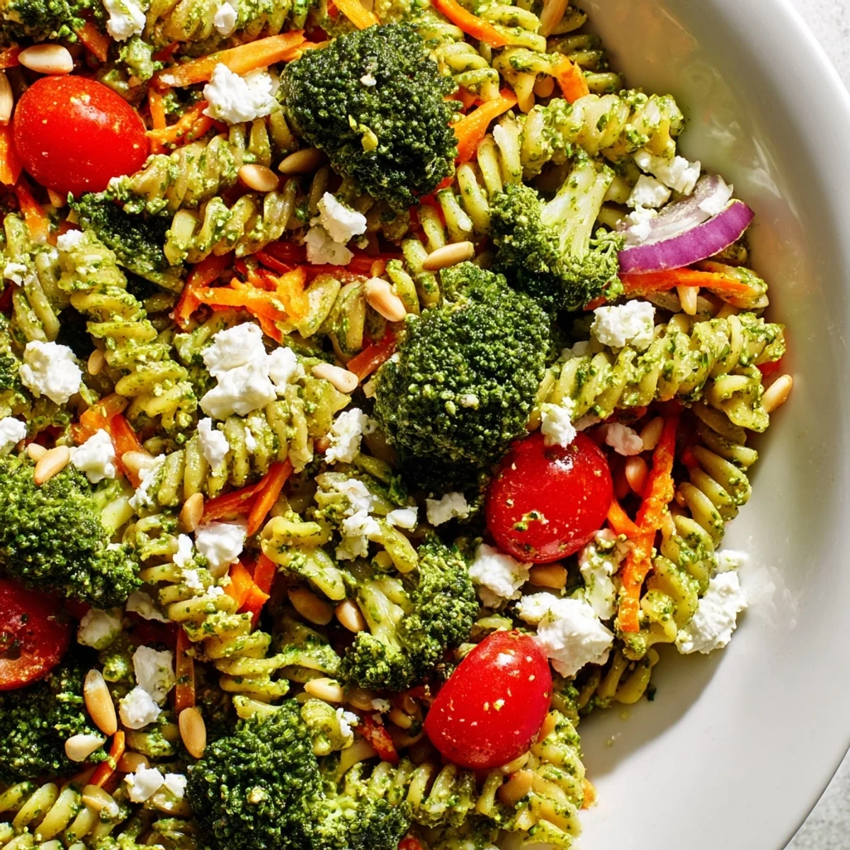 Fresh broccoli pasta salad in a white serving bowl with cherry tomatoes and feta cheese