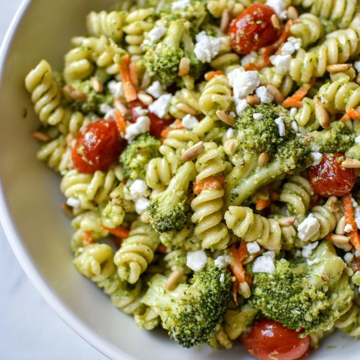 Crisp broccoli pasta salad tossed in zesty lemon dressing with colorful vegetables and herbs