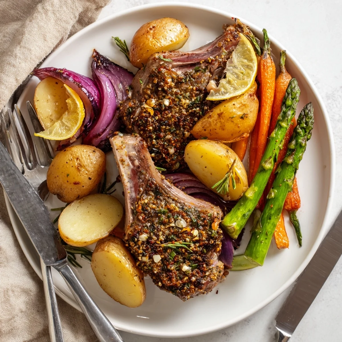 Herb-crusted lamb chops and roasted vegetables on a crowded Easter dinner sheet pan
