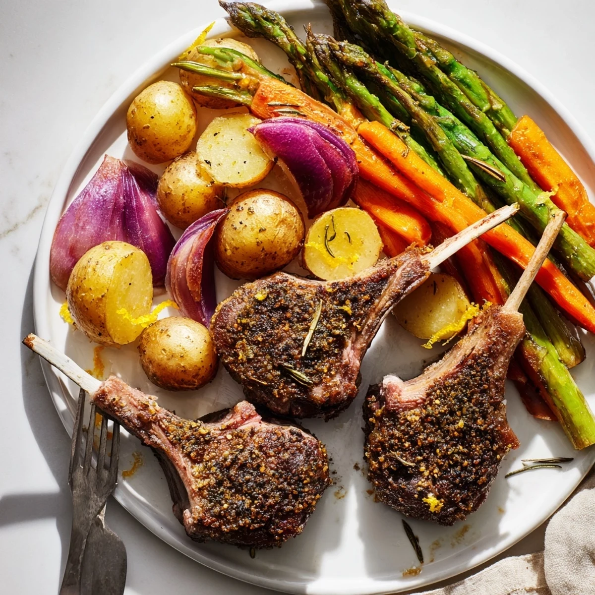 Golden roasted carrots potatoes and lamb chops arranged on a festive Easter sheet pan dinner