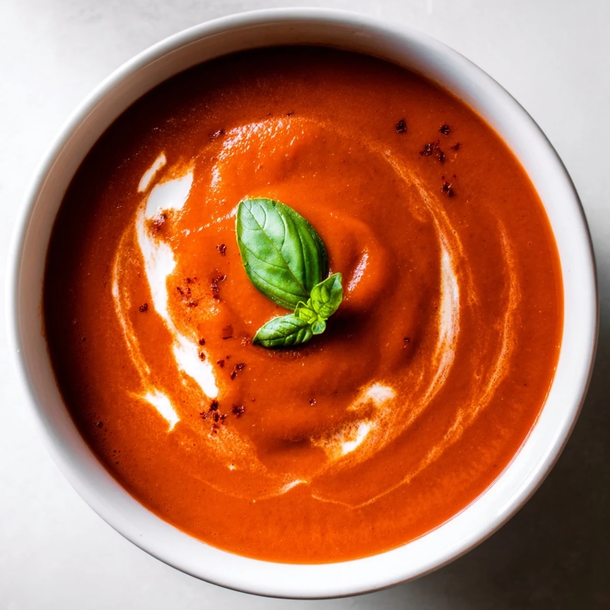 Smoky fire roasted tomato soup in a white ceramic bowl topped with fresh basil leaves