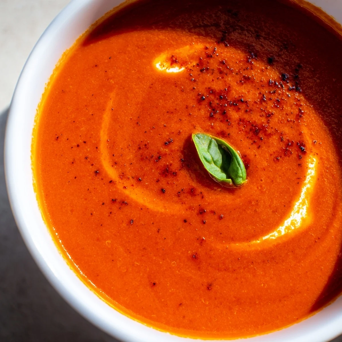 Velvety red fire roasted tomato soup steaming in a rustic bowl with herb garnish