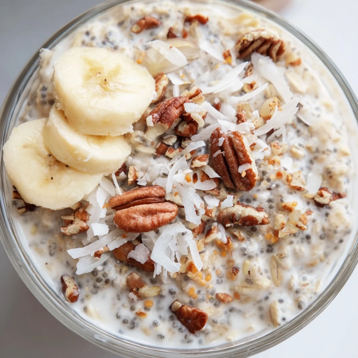 Creamy coconut cream pie overnight oats topped with toasted coconut flakes and pecans in a mason jar