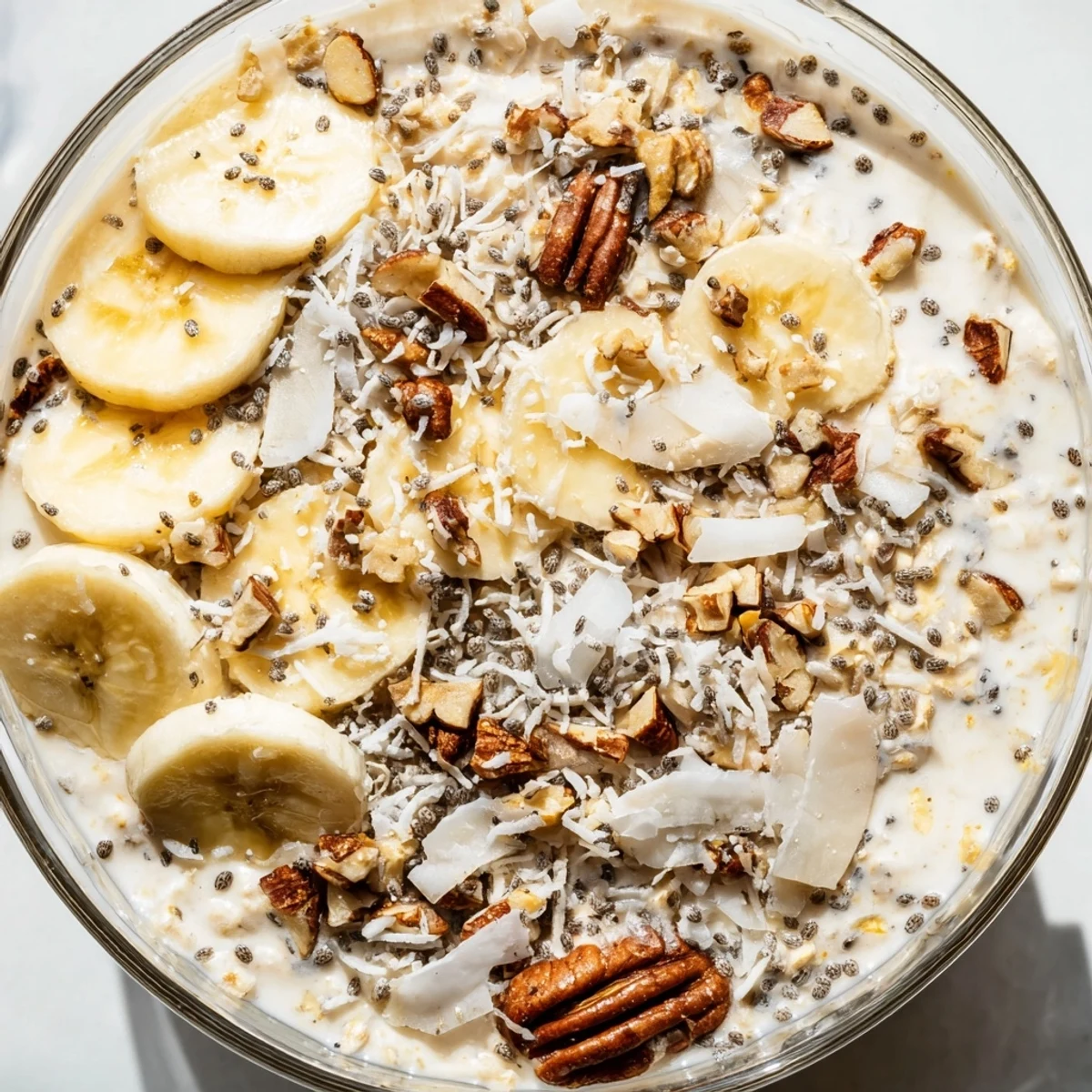 Thick coconut cream pie overnight oats served in a glass jar with banana slices and crunchy almonds