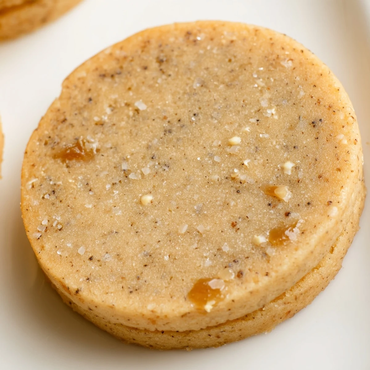 Golden espresso shortbread cookies with melty toffee chunks on a rustic wooden board